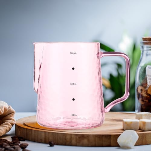 Toyvian Glass Milk Jug with Pink Scale, 500ml Heat-Resistant Borosilicate Coffee Pitcher Graduated Milk Frothing Cup with Spout Portable Glass Coffee Server for Espresso Latte Art Home Brewing