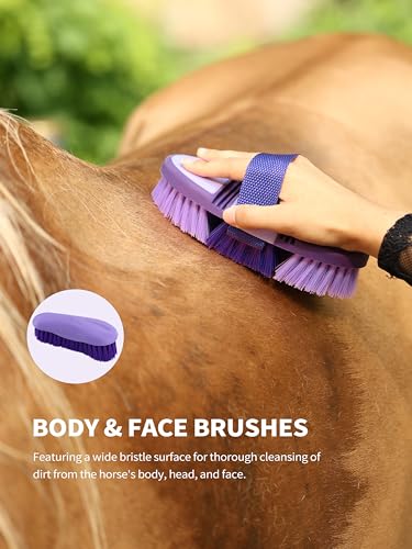 Harrison Howard Horse Grooming Kit 9 Piece with Tote Bag, Non-Slip Horse Brush Set for Shedding, Bathing, Hoof Care, Mane & Tail Grooming, Equine Grooming Supplies Purple - color: Purple
