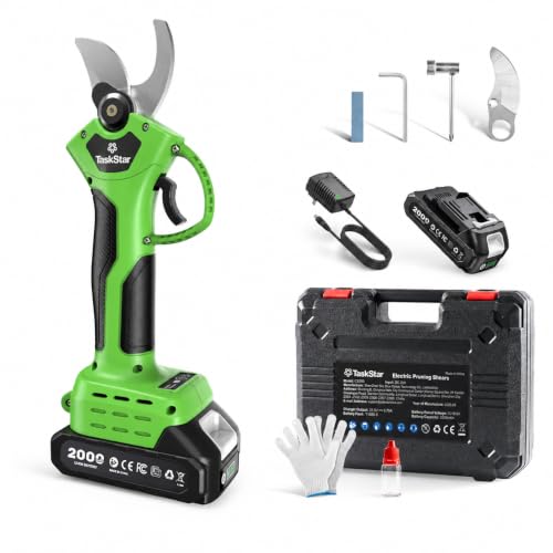 TaskStar Electric Pruning Shears Cordless: 1.4" Cutting Power Pruner with 2000mAh Battery, Brushless Motor, SK5 Blade, 2 Modes Battery Powered Branch Cutter for Garden Tree Trimming & Yard Care - color: Green
