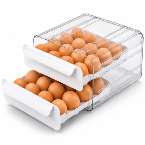 2 Tier Egg Holder for Fridge, Pull Out Egg Organizer for Refrigerator, Double Layer Egg Container for Refrigerator