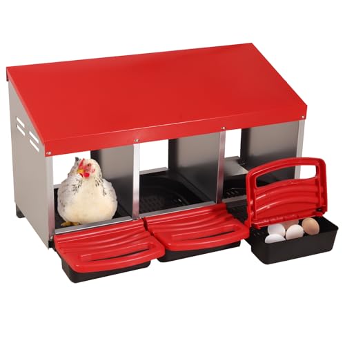 GUTINNEEN Chicken Nesting Box, 3 Compartment Metal Nesting Boxes with Roll-Away Egg System for Hens, Ducks & Rabbits, Technical Design for Efficient Egg Collection, Red - color: Red