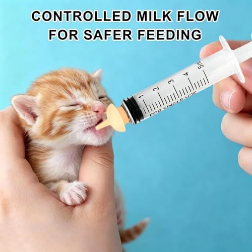 Pet Feeding Syringe with Silicone Nipples | Kitten Syringe for Feeding Newborn Kittens, Puppies, Rabbits and Small Animals (5ml+10ml +10 Silicone Nipples) - color: Ivory