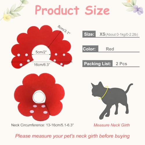 Felt Cat Recovery Collar, Cute Flower Cat Recovery Collar Adjustable Recovery Cones (2Pcs, XS 5.1-6.3inch, Red) for Small Dogs Kittens Cats - color: Red, size: XS（0-1 KG/0-2.2 lb）