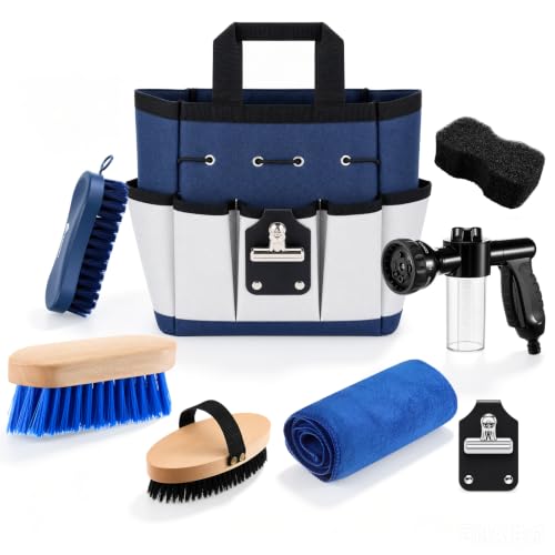 Thenshop Show Pig Supplies Starter Kit 8 Pcs, Swine Grooming Set with Foam Sprayer Pig Brushes 600d Tote Bag Microfiber Towel Leather Number Holder for County Fair Livestock Competition