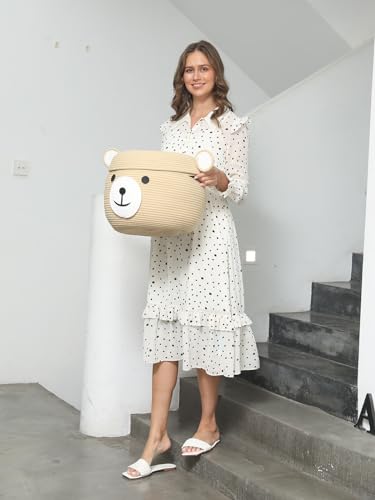 15x12 Inch Bear Hamper with Lid, Handcrafted Cotton Rope Animal Storage Basket, Woven Teddy Bear Bin for Kids Bedroom Playroom, Beige