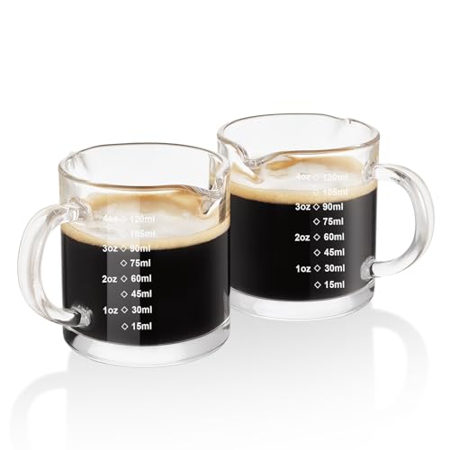 Ackers Etched Scale Espresso cup with Handle, Thickened Bottom and Wall, Double V-Shaped Spout,4OZ Milk Frothing Pitcher,120ML Milk Cup with Handle, Espresso Accessory (Pack of 2) - style: Engraved Graduations(Pack of 2)