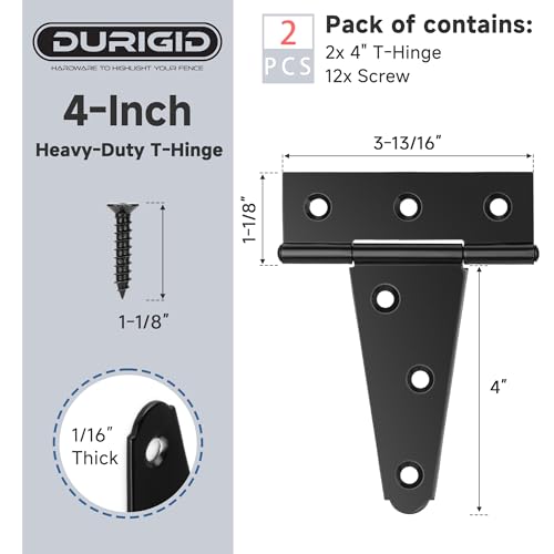 2 Pack 4 Inch T Hinge, Hinges for Wood, Gate Hinge, Gate Hardware, Fence Hinges for Outdoor Gates, Wooden Box, Cabinet, Ideal Outdoor Useage - size: 4 Inch