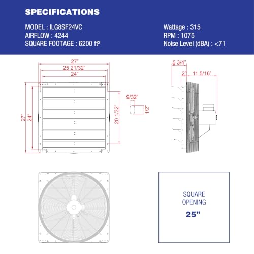 iLiving 24" Shutter Exhaust Fan with Wireless Smart Remote Controlled Thermostat and Humidity, Variable Speed Wall Mounted Attic Vent Fan, Chicken Coop Ventilation, 4244 CFM, 6200 SQF Coverage Area - size: 24 inches