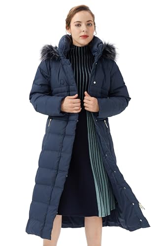 Orolay Women Warm Down Jacket with Hood Fur Long Puffer Coat Brown - color: Navy, size: X-Small