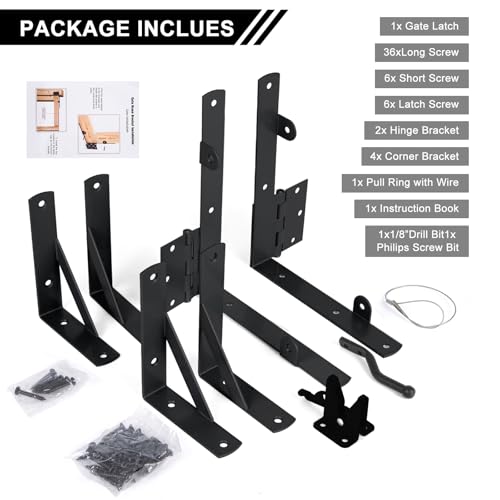 Gate Hardware Kit for Wood Fence, Corner Brace Bracket, Anti Sag Frame Hardware With Latch and Hinges for Wooden Fence Driveway, Black, MKZJ1115 - size: Single Door Set