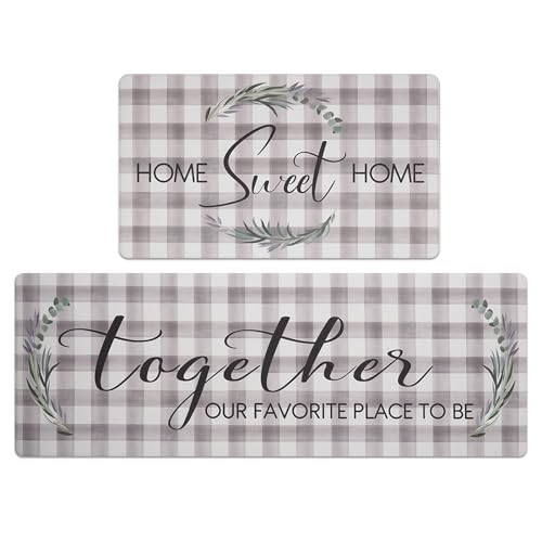 FRESHMINT Kitchen Mats Sets 2 Piece Cushioned Anti-Fatigue Comfort Mat for Home & Office Ergonomically Engineered Memory Foam Kitchen Rug Waterproof Non-Skid, 30" by 17" + 47" by 17", Check Sweet Home - color: Check Sweet Home