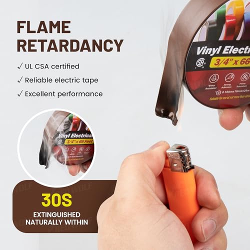 RED WOLF 10 Pack Brown Electrical Tape 3/4 Inch x 66 Ft Industrial Grade UL/CSA Listed 7 Mil Thick Flame Retardant High Temp Waterproof Electrical PVC Tape Electric Super Vinyl Rated 600V - color: Brown