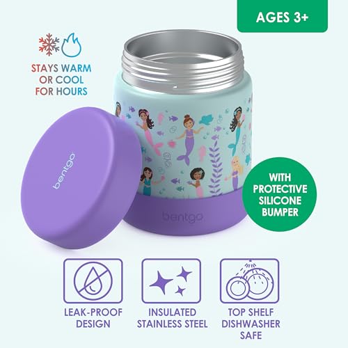 Bentgo Kids Stainless Steel Leak-Proof Food Jar for Hot or Cold Food | 11 fl oz Double Insulated Container with Removable Silicone Bumper, Dishwasher Safe, Easy Open Lid, Ages 3+ (Mermaids) - color: Sea Life