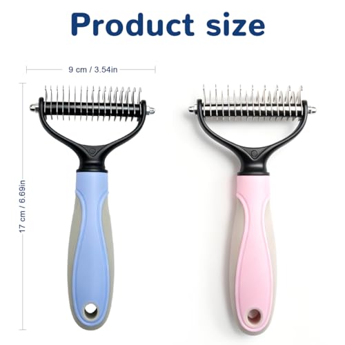 Pet Pro Grooming Tool, 2-In-1 Double-Sided Grooming Tool, Sided Deshedding Dematting Tool, Undercoat Rake for Dogs & Cats, Extra-Wide Dog Grooming Brush & Deshedder Comb for Long Hair(Blue + Pink)