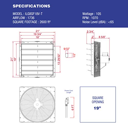 iLIVING 18" Wall Mounted Shutter Exhaust Thermostat Control-3 Speeds Vent Fan for Home Attic, Shed, or Garage Ventilation, 1736 CFM, 2600 SQF Coverage Area, Variable, Silver - size: 18 In