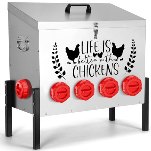 95 lb Chicken Feeder with 10 No-Waste Ports – Extra-Large Galvanized Metal Poultry Feeder with Adjustable Height Heavy-Duty Stand – Outdoor Feed Box for Chickens, Ducks & Geese - color: silver