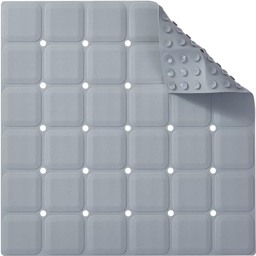 Webos Anti Slip Shower Mat for Tub & Shower Stall, 21" x 21" Square Silicone Bathtub Mat with Powerful Suction Cups, Fast-Draining, Machine Washable Soft Foldable Bathroom Mat, Grey - color: Grey, size: 21" x 21" (Square)