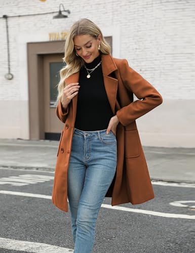 Women Winter Wool Blend Camel Mid-Long Coat Notch Double-Breasted Lapel Jacket Outwear - color: Brown, size: Medium