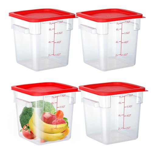 4 Pack 8 Qt Square Polycarbonate Food Storage Containers with Lids | Clear BPA-free PC with lids, side handles, measurement scale and stackable design; for food prep, storage and freezer use. - color: 8Qt
