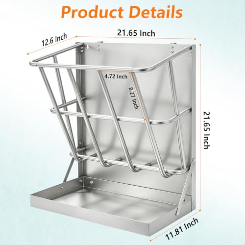 2 in 1 Wall Mount Hay and Grain Feeder, 25 Gallons Livestock Feeder | Galvanized Steel Wall Hay Rack, Hanging Hay Feeder with Mounting Kit for Goats Sheep Horse, Slow Feeder for Goats with Trough - color: Silver