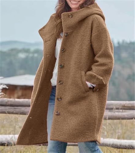 chouyatou Women's Winter Single Breasted Long Wool Coat with Hood Casual Wool Blend Trench Coat Jacket - color: Brown, size: X-Large