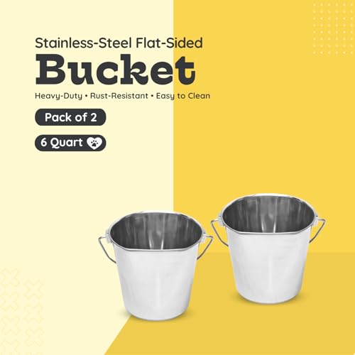 Flat Side Stainless Steel Bucket 6 Quart Hanging Feeding Utility Pail for XL Dog Goat Sheep Livestock, Fits Kennel Cage Crate Farm, Heavy Duty Food & Water Feeder, 1.5 Gallon Silver 2Pack - size: 6 Quart (Pack of 2)