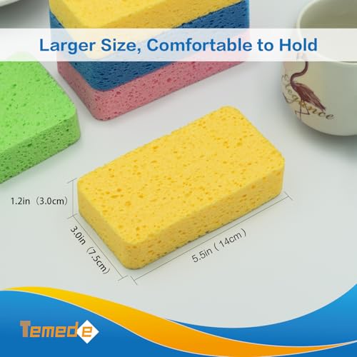 Temede Large Cellulose Sponges, Thick Absorbent Kitchen Sponges, 5-Pack | 5.5" x 3" x 1.2" (Expand), Soft Dish Sponge, Heavy Duty Scrub Sponges, Non-Scratch Cookware, Household, Compressed Packaging