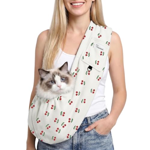 Hands-Free Cat Sling Carrier for Small Dogs & Cats, Soft Fleece | Wide Shoulder Strap for Back Pain Relief, 3-14 lbs Small Animals, Cozy Indoor/Outdoor (Cherry) - color: Cherry