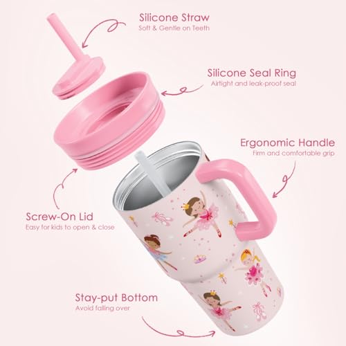 SANDJEST Ballet Stainless Steel Tumbler 20oz with Handle and Silicone Straw Locking Lid for Kids Girls, Birthday Christmas Back to School - color: Ballerina