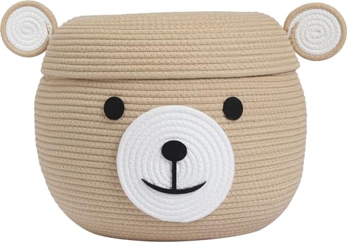 15x12 Inch Bear Hamper with Lid, Handcrafted Cotton Rope Animal Storage Basket, Woven Teddy Bear Bin for Kids Bedroom Playroom, Beige