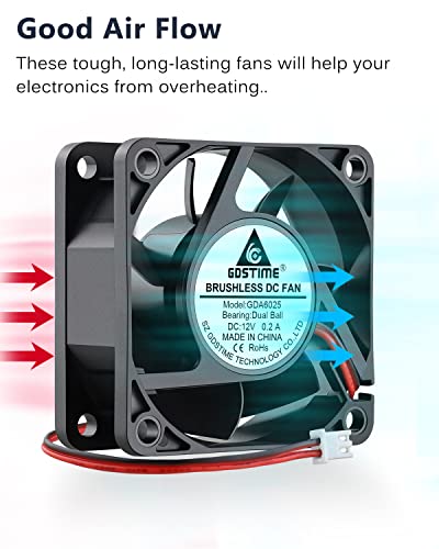 GDSTIME 60mm x 60mm x 25mm 12V 2Pin Dual Ball Brushless DC Cooling Fan 2Pcs | 4500RPM, High Speed, for PSU, Incubator, Battery box, DIY Console Exhaust Ventilation - 6025 - size: 60x25mm