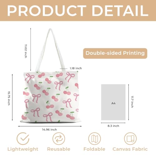 Cute Canvas Tote Bag for Women, Book Totebag with Zipper Pocket - color: Coquette Bow