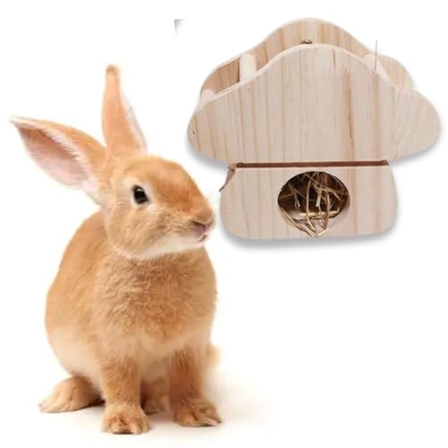 JanYoo Rabbit Hay Feeder,Natural Wooden Hay Holder for Guinea Pigs Bunny Cage Rabbit Hay Dispenser Hanging Standing-Champignons - size: Champignons