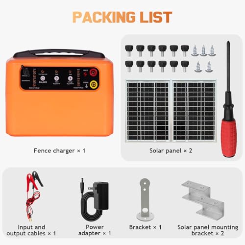 30 Miles/48km Solar Electric Fence Charger,15W Solar Powered Fencer with Adjustable 6KV to 12KV Output (0.3J-1.5J),Battery Level LCD Display,All-Weather Kit for Livestock,Deer,Farm,Yard