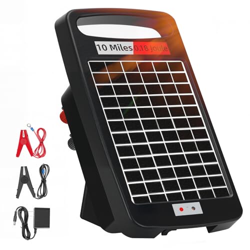 10 Miles Solar Powered Electric Fence Charger, 0.18J Portable for Livestock | 24/7 Day/Night Mode, Portable Solar Panel/AC Dual Power,10200V Output,Weatherproof, Easy Setup, Deters predators for Gardens - size: 10M 0.18J