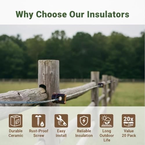 Ceramic Electric Fence Insulators, 20 Pack Heavy Duty Ceramic Insulators | Electric Fence Insulators for Wooden Posts with Galvanized Steel Screw, Easy Install