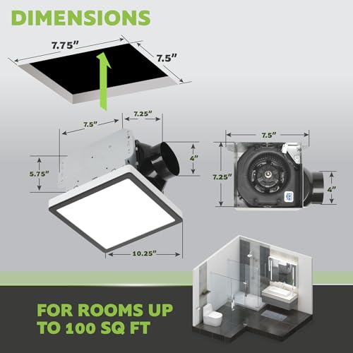 Homewerks 100 CFM Bathroom Exhaust Fan with LED, Matte Black Trim | 2.0 Sones, for Rooms Up to 100 sq ft, Magnetic Trim, Galvanized Steel Housing, EasyAnchor Install, Bathroom Fan with Light - color: 100 CFM Brushed Matte Black Square