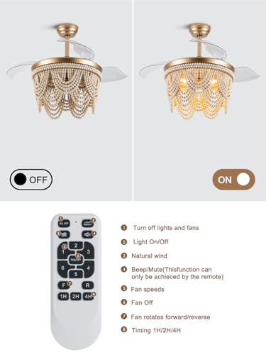 42“ Boho Fandalier Ceiling Fan with Light Retractable Ceiling Fan | Wood Beaded Chandelier Light for Bedroom Living Room, Coastal Fandelier, Reversible Quiet 6 Speeds 3 E26 Bulbs (Not Included) - color: Gold