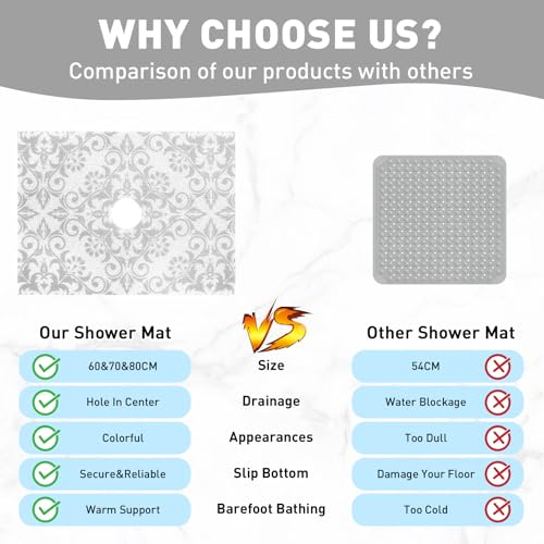 Square Shower Mat Non Slip: 32 x 24 Inch Extra Large Shower Mats with Drain Hole in Middle - PVC Loofah Anti Slip Shower Floor Matt for Inside Shower - color: Geometric Line, size: 32" x 24" (Rectangular)