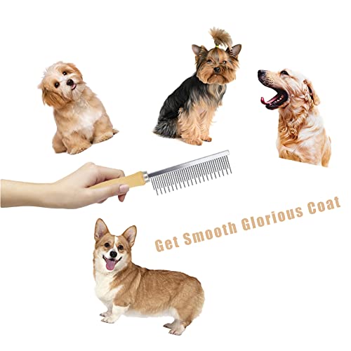Dog Cat Grooming Comb with Wooden Handle Stainless Steel Teeth, Pet Grooming Supplies Accessories for Hairy Pets (Dual Teeth) - color: Dual Teeth