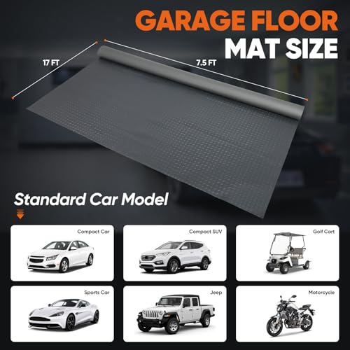 Garage Floor Mat, 7.5x17 FT Rubber Flooring Roll, Non-Slip Shop Flooring | PVC Garage Floor Covering, 2.0mm Thickened Diamond Plate Rubber Mat, Waterproof Garage Floor Mats for Under Car, Golf Cart