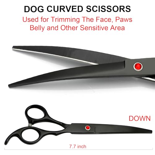 TINMARDA Dog Grooming Kit, Titanium Black Stainless Steel Dog Grooming Scissors with Curved Shears, Black Finger Rings - 5 Piece Sharp Durable Pet Shears for Dogs Cats At Home Salon-Quality Grooming - color: Black, size: 5 Piece
