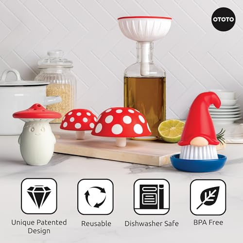 OTOTO Forest Trio Bundle of Beardy, Magic Mushroom, Fun Guy - Gnomes Dish Brush, Fungilicious Kitchen Funnel, Fridge Deodorizer, Mushroom Decor Cute Kitchen Accessories, Unique Mushroom Gnome Gifts - style: Forest Trio