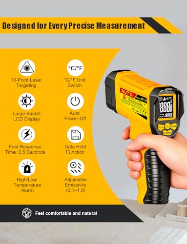 JD-10 Infrared Thermometer Gun, -58°F to 1472°F, 13-Point Laser | 0.5-second response and adjustable 0.10-1.00 emissivity for cooking, griddles, HVAC, automotive, and industrial surfaces - color: Yellow