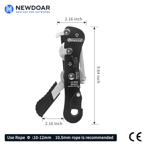 NewDoar Climbing Stop Descender Rappelling Belay for Ropes 10-12mm The Novices for Rescue & Arborist CE Certification - color: Black