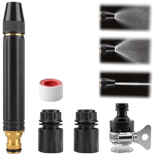 High Pressure Garden Hose Nozzle, No-Leak Metal Water Hose Sprayer Set | with 3 Connectors & Tape, 3/4" GHT Adjustable Gun for Car Wash, Lawns, Pet Shower, Heavy Duty Watering Tool, Black