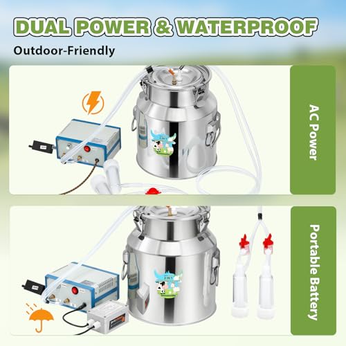 Upgraded 2-in-1 Goat Milking Machine 14L, Vacuum Pulsation Milker | Battery Powered Goat Milker with 4 Teat Cups, for Goat Cow, Auto Stop, 304 Stainless Steel Bucket, Pulsation Pulsation System - size: 14L