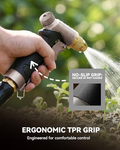 RAINPOINT Garden Hose Nozzle, 100% Heavy Duty Metal Hose Sprayer, High Pressure Water Hose Nozzle with Adjustable Spray Patterns and Flow Control for Watering Plants, Car Washing, Pet Washing, Brown - color: Brown
