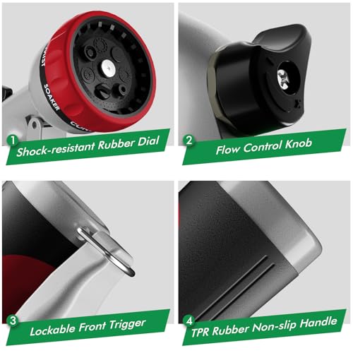RESTMO Garden Hose Nozzle, Heavy Duty Metal Water Hose Nozzle with 7 Adjustable Spray Patterns, High Pressure Hand Sprayer with Flow Control, Best for Watering Plants & Lawns, Washing Cars & Pets, Red - color: Red
