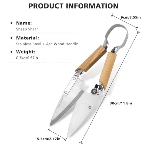 Berry&Bird Hand Shears, Single Bow Straight for Wool Sheep Shear for Alpaca, Pet, and Horse Shearing, Stainless Steel Large Grass Scissors for Cutting, Gardening, Pruning, and Trimming - 11.8'' Long